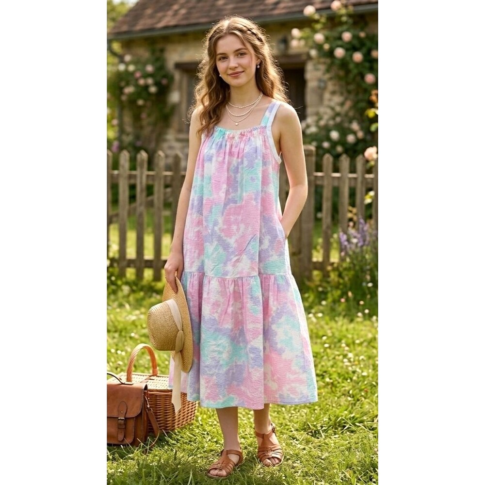 Vintage 80s 90s Dress Womens Small Midi Pastel Watercolor Cottagecore Tiered NEW